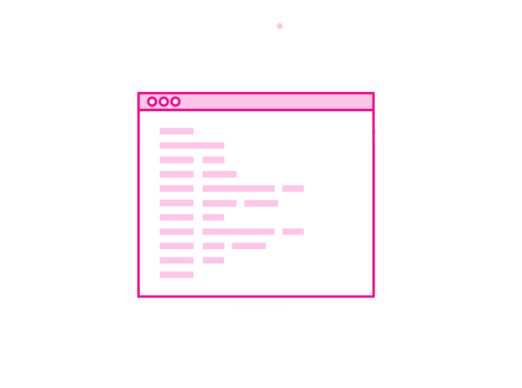 Una computadora portátil muestra una ventana de codificación con borde rosa, flanqueada por dos íconos de engranajes con símbolos de código, que muestran la integración perfecta de las API de Pago para facilitar los pagos digitales.